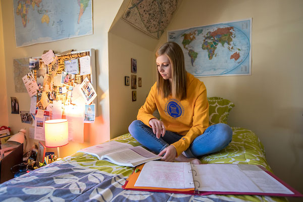 Resident in her Belford Hall dorm room